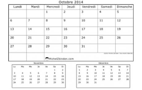 Calendrier octobre à décembre 2014