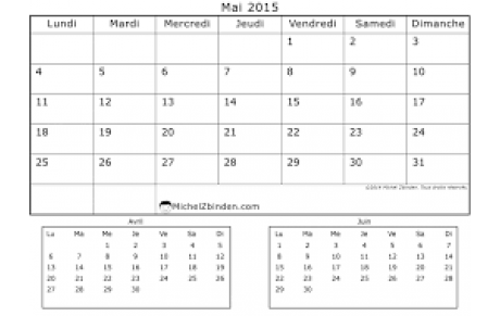 Calendrier de Mai à Septembre 2015